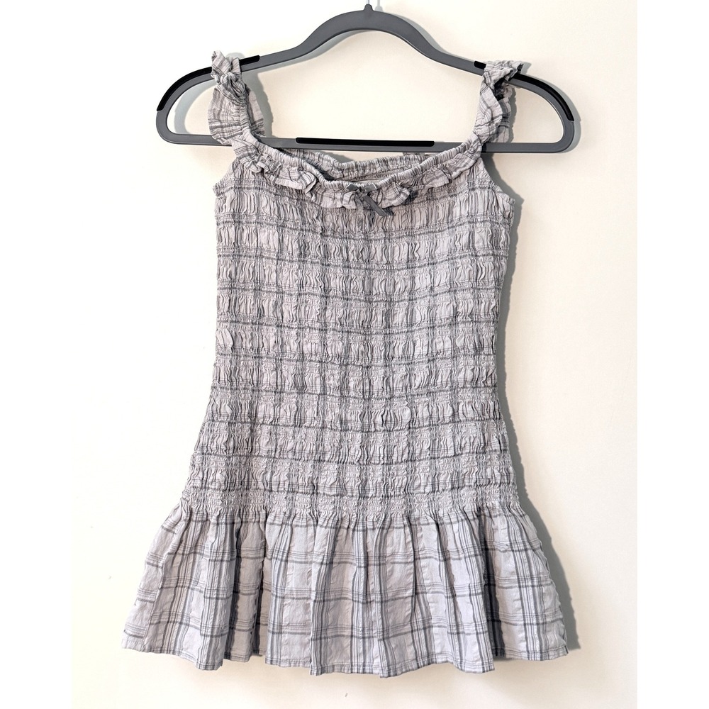 NWT Blue Gray Plaid Smocked Micro Mini Dress XS Coquette UO Kimchi Blue Evalina